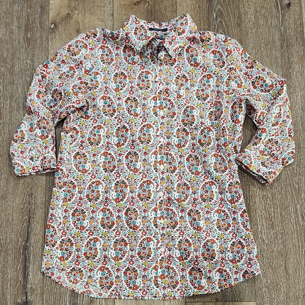 Lands' End Womens 8 Multicolor Floral Button Down Shirt 3/4 Sleeves 100% Cotton